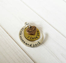 Load image into Gallery viewer, Quote Pendant Word Pendant Moon Charm I Love You to the Moon and Back Charm Moon Pendant Antiqued Silver Gold Copper Quote Charm Word Charm