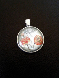 Glass Pendant Frame Vintage Floral Print Glass Dome Pendant Antiqued Silver Charm with Bail Framed Pendant