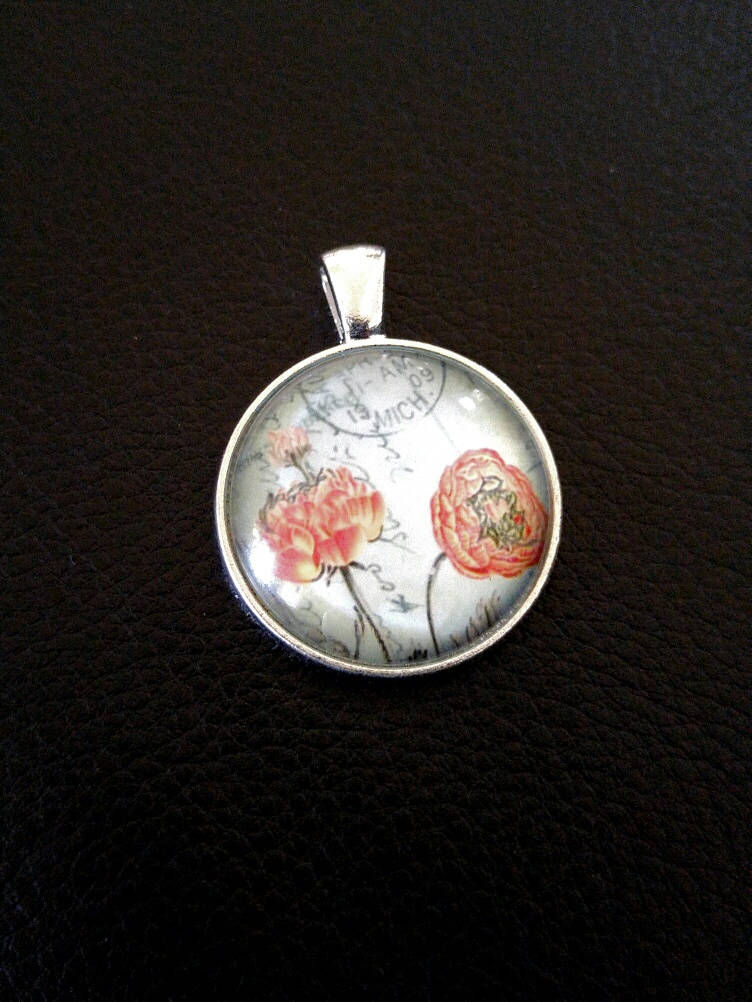 Glass Pendant Frame Vintage Floral Print Glass Dome Pendant Antiqued Silver Charm with Bail Framed Pendant