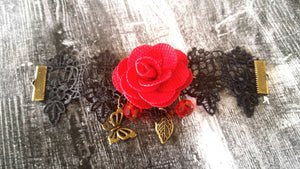 Bracelet Connector Black Lace Crochet Connector Lace Bracelet Red Rose Bracelet Findings Antiqued Bronze Hardware Glass Beads 5.25"