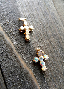 Rhinestone Cross Charms Gold Cross Pendants Crystal Cross Charms with Jump Rings Clear Rhinestone Aurora Borealis 2pcs