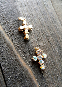 Rhinestone Cross Charms Gold Cross Pendants Crystal Cross Charms with Jump Rings Clear Rhinestone Aurora Borealis 2pcs PREORDER