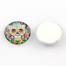 Load image into Gallery viewer, Glass Cabochons Circle Cabochons Sugar Skull Flat Backs Calavera Day of the Dead Assorted Mix 20mm Glass Domes Flatbacks 4pcs