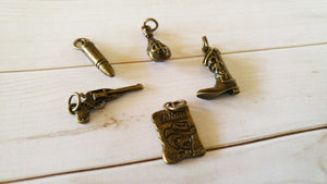 Western Charms Antiqued Bronze Outlaw Charms Set Bronze Pendants Bronze Charms Western Pendants with Rings 5pcs CLEARANCE