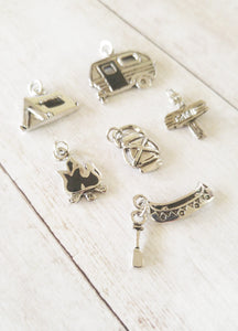 Camping Charms Set Antiqued Silver Camping Pendants Set Assorted Charms Canoe Charm Tent Charm Enamel Charms Camp Charms Camp Pendants 6pcs