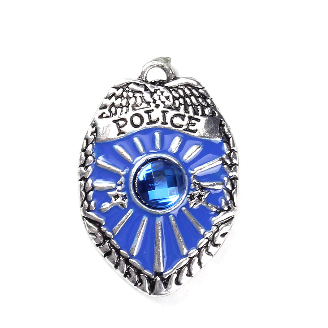 Police Charm Police Badge Charm Police Pendant Badge Pendant Blue Antiqued Silver Police Officer Charm 30mm