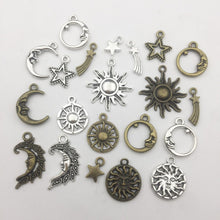 Load image into Gallery viewer, Sun Charms Sunshine Charms Moon Charms Star Charms Celestial Charms Sun Pendants Assorted Charms Set Antiqued Silver Bronze 10pcs