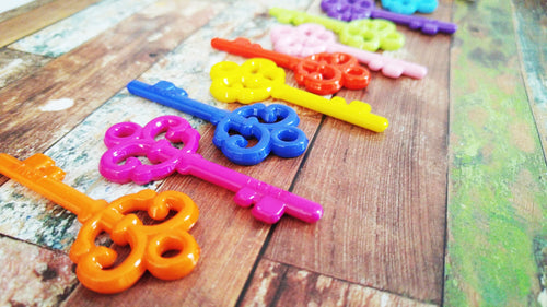 Plastic Key Charms Key Pendants Assorted Keys Skeleton Keys Rainbow Keys Rainbow Charms Assorted Charms Mixed Charms Key Lot 10 pieces 57mm