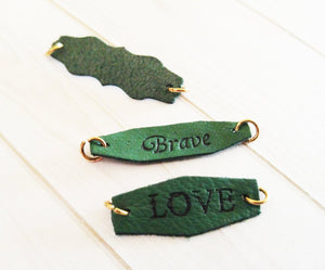 Word Charms Word Connector Pendants Word Pendants Green Leather Charms Leather Links Love Believe Brave Charm with Jump Rings Dream
