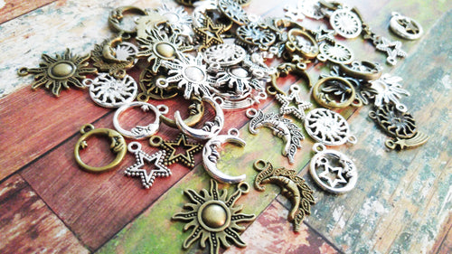 Sun Charms Sunshine Charms Moon Charms Star Charms Celestial Charms Sun Pendants Assorted Charms Set BULK Charms Antiqued Silver Bronze 80pc