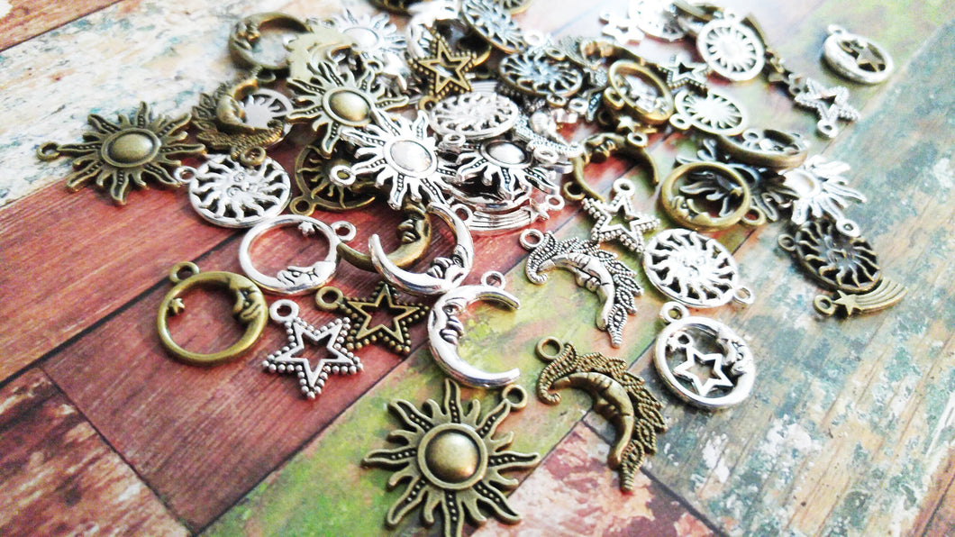 Sun Charms Sunshine Charms Moon Charms Star Charms Celestial Charms Sun Pendants Assorted Charms Set BULK Charms Antiqued Silver Bronze 80pc