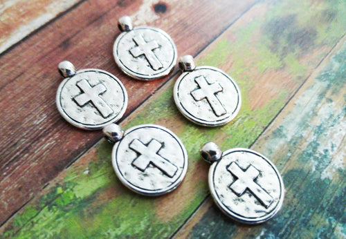 Cross Charms Cross Pendants Antiqued Silver Cross Charms Circle Charms Circle Pendants Hammered Cross Religious Charms 5pcs