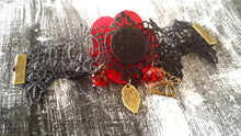 Load image into Gallery viewer, Bracelet Connector Black Lace Crochet Connector Lace Bracelet Red Rose Bracelet Findings Antiqued Bronze Hardware Glass Beads 5.25&quot;