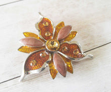 Load image into Gallery viewer, Flower Pendant Large Flower Charm Art Deco Pendant Enamel Pendant Vintage Style Pendant Silver Amber Mauve Flower Focal Pendant 2.5"