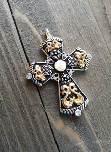 Large Cross Pendant Antiqued Silver Gold Cross Charm Turquoise Charm Vintage Style Focal Pendant Religious Charm 2 1/8" PREORDER