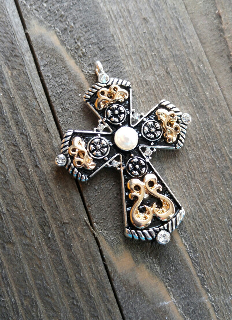 Large Cross Pendant Antiqued Silver Gold Cross Charm Turquoise Charm Vintage Style Focal Pendant Religious Charm 2 1/8