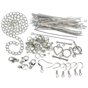 Jewelry Findings Starter Kit Head Pins Eye Pins Earring Wires Lobster Clasps Toggle Clasps Crimp Beads Chain Antiqued Silver 134pcs
