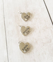 Load image into Gallery viewer, Sisters Charms Set Big Sis Charm Middle Sis Charm Little Sis Charm Silver Heart Charms Heart Pendants Sisters Pendants 3pcs