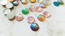 Load image into Gallery viewer, Mermaid Scales Mermaid Cabochons Scale Cabochons Resin Dragon Scales 12mm Cabochons Flatbacks Assorted Flat Backs 12mm Flat Backs Circle 100