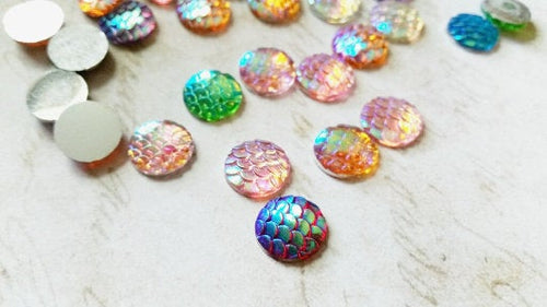 Mermaid Scales Mermaid Cabochons Scale Cabochons Resin Dragon Scales 12mm Cabochons Flatbacks Assorted Flat Backs 12mm Flat Backs Circle 100