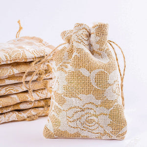 Burlap Gift Bags Burlap Bags Drawstring Bags Floral Burlap Bags Favor Bags Rose Gift Bags 5.3" BULK 20pcs