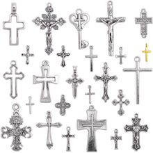 Load image into Gallery viewer, Cross Charms Cross Pendants Antiqued Silver Cross Charms Assorted Cross Charms Silver Cross Pendants Religious Charms Christian BULK 25pcs