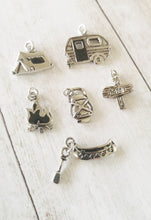 Load image into Gallery viewer, Camping Charms Set Antiqued Silver Camping Pendants Set Assorted Charms Canoe Charm Tent Charm Enamel Charms Camp Charms Camp Pendants 6pcs