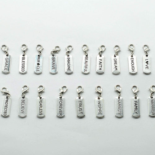 Clip On Charms Antiqued Silver Word Charms Inspirational Charms Silver Charms Word Pendants Charms with Clasps 20pcs