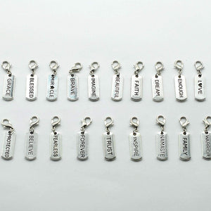 Clip On Charms Antiqued Silver Word Charms Inspirational Charms Silver Charms Word Pendants Charms with Clasps 20pcs