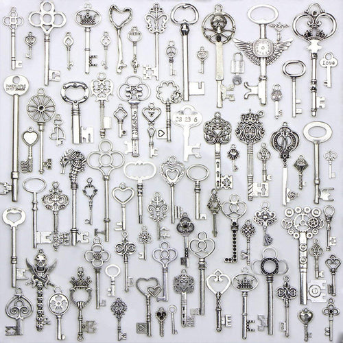 Skeleton Key Pendants Antiqued Silver Keys Steampunk Keys Assorted Keys Assorted Pendants Big Keys Large Keys Key Charms 80 pieces BULK