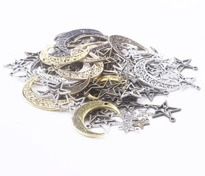 Moon Charms Moon Pendants Star Charms Star Pendants Assorted Charms Set Antiqued Silver Gold Bronze BULK Charms Wholesale Charms 100pcs