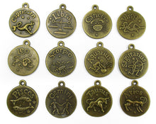 Load image into Gallery viewer, Zodiac Charms Zodiac Pendant Antiqued Bronze Charms Cabochon Setting Flat Back Settings Blanks Circle Charms Set 12pcs