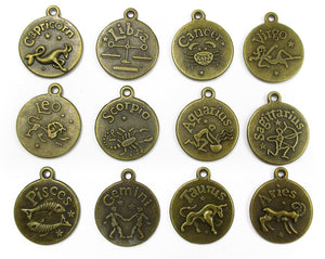 Zodiac Charms Zodiac Pendant Antiqued Bronze Charms Cabochon Setting Flat Back Settings Blanks Circle Charms Set 12pcs