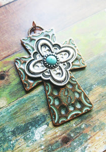 Large Cross Pendant Antiqued Copper Silver Cross Charm Turquoise Charm Vintage Style Focal Pendant Religious Charm Hammered Cross 2 7/16" PR