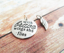 Load image into Gallery viewer, Quote Charms Set Antiqued Silver Word Charm Wing Charm Angel Wing Charm Word Pendant With Brave Wings She Flies Charm with Rings