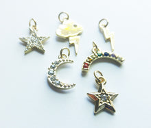 Load image into Gallery viewer, Weather Charms Sky Charms Set Gold Charms Rainbow Charm Cloud Charm Lightning Charm Star Charm Rhinestone Charms With Rings PREORDER