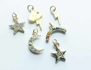 Weather Charms Sky Charms Set Gold Charms Rainbow Charm Cloud Charm Lightning Charm Star Charm Rhinestone Charms With Rings PREORDER