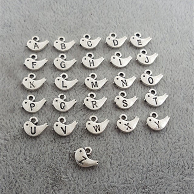 Alphabet Charms Letter Charms Bird Charms Antiqued Silver Letter Charms Bird Initial Charms BULK Charms Wholesale Charms 130pcs 5 FULL SETS