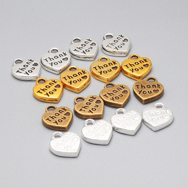 Thank You Charms Jewelry Tags Metal Jewelry Tags Word Charms Metal Heart Tags Bulk Charms Wholesale Charms-100pcs Silver Gold Bronze