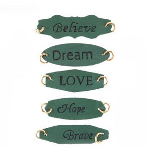 Word Charms Word Connector Pendants Word Pendants Green Leather Charms Leather Links Love Believe Brave Charm with Jump Rings Dream