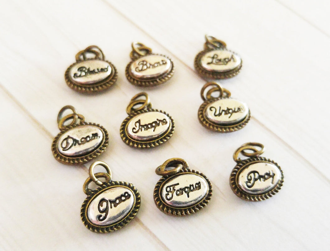 Assorted Charms Word Charms Word Pendants Inspirational Charms Assorted Metals Silver Bronze Heart Charms Oval Charms 9pcs