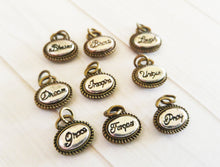Load image into Gallery viewer, Assorted Charms Word Charms Word Pendants Inspirational Charms Assorted Metals Silver Bronze Heart Charms Oval Charms 9pcs PREORDER