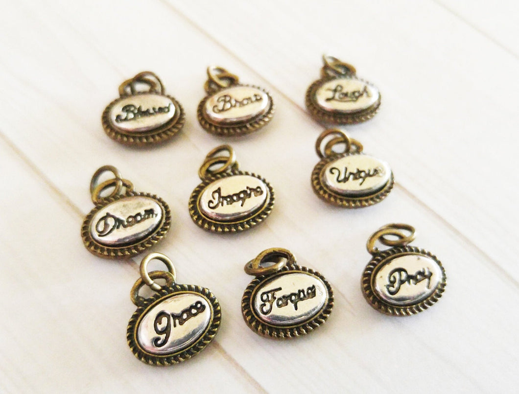 Assorted Charms Word Charms Word Pendants Inspirational Charms Assorted Metals Silver Bronze Heart Charms Oval Charms 9pcs PREORDER