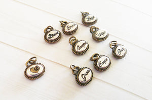 Assorted Charms Word Charms Word Pendants Inspirational Charms Assorted Metals Silver Bronze Heart Charms Oval Charms 9pcs PREORDER