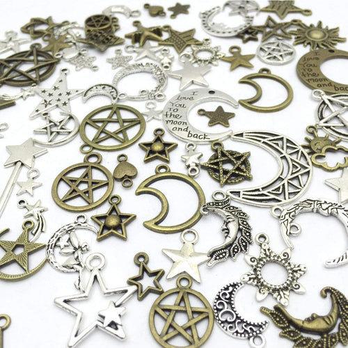 Celestial Charms Celestial Pendants Assorted Charms Set Antiqued Silver Sun Charms Antiqued Bronze Pendants Moon Charms 74pcs BULK Charms