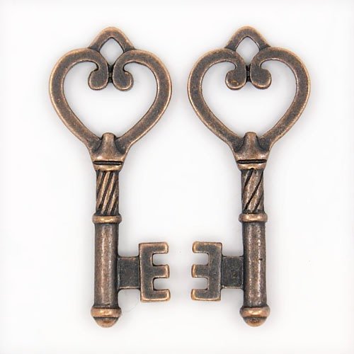 Skeleton Key Pendants Antiqued Copper Keys Copper Key Charms Steampunk Keys Heart Keys Wedding Keys 47mm 10pcs