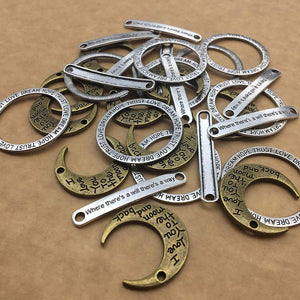 Assorted Charms Word Charms Word Pendants Inspirational Charms I Love You to The Moon Assorted Metals Silver Bronze BULK Pendants 30pcs