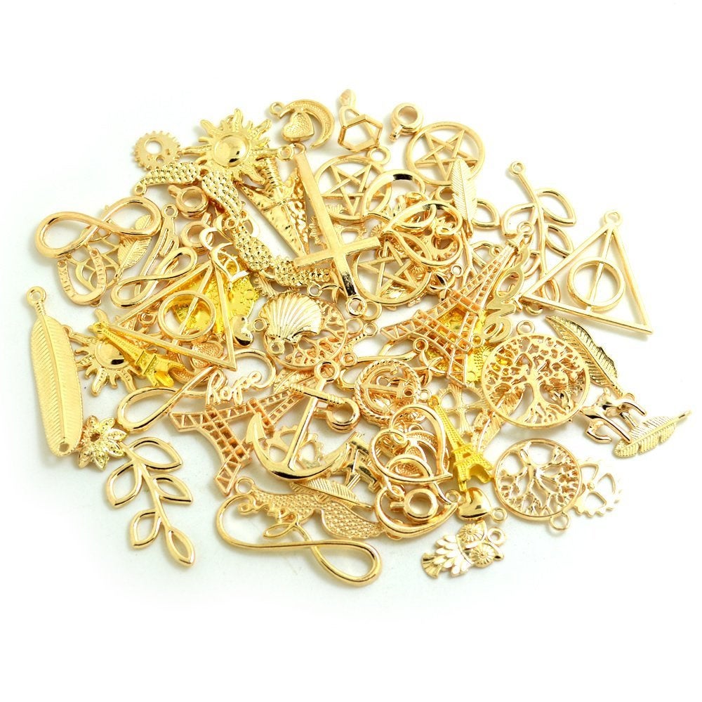 Gold Charms Set Assorted Charms Mixed Charms BULK Charms Shiny Gold Charms Gold Pendants Wholesale Charms 50-70pcs 100 grams