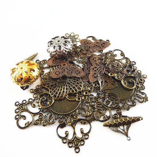 Assorted Charms Set Earring Findings Filigree Pendants Antiqued Bronze Antiqued Gold BULK Charms Wholesale Charms Jewelry Supplies 100pcs