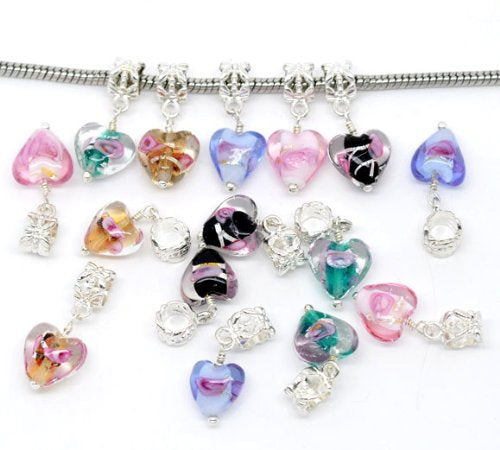Dangle Glass Beads Big Hole Beads Glass Heart Beads Assorted Beads Lampwork Glass Beads Dangle Charms Heart Pendants 20pcs
